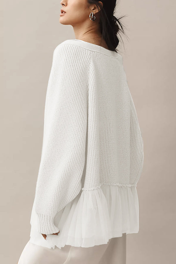 EB | Strickjacke mit Netz-Rüsche und Langen Ärmeln