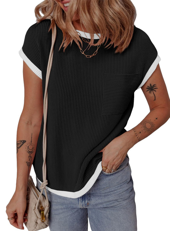 EB | Gestricktes kontrastierendes T-Shirt mit Rundhalsausschnitt