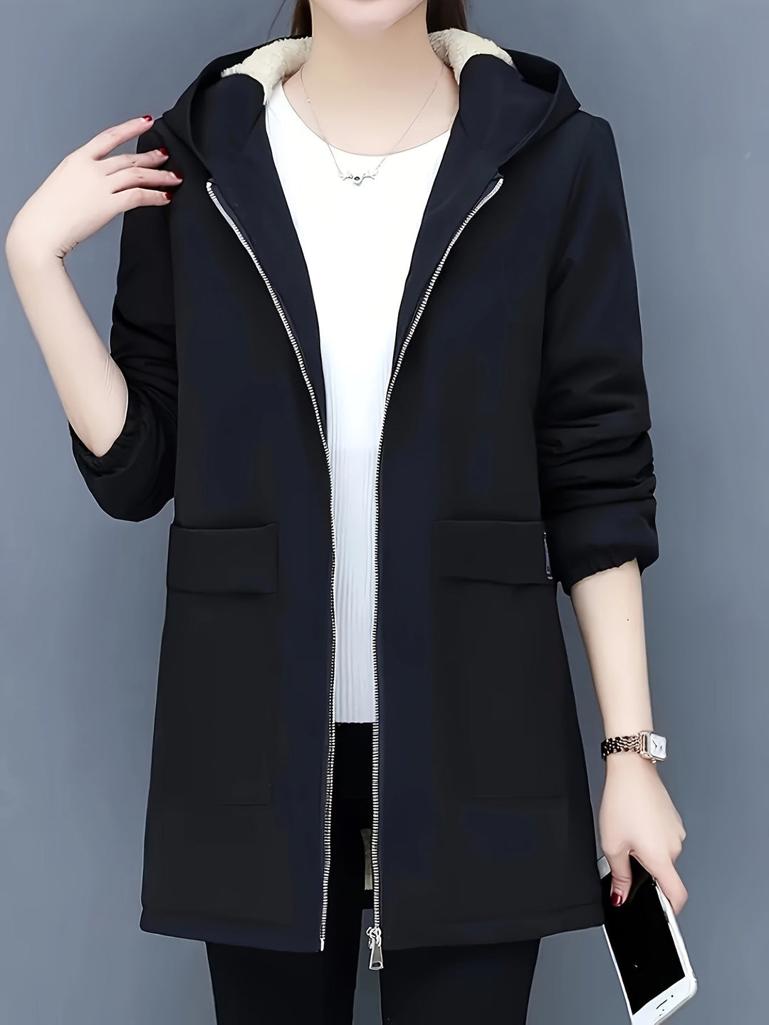 EB | Stylische warme Fleece-Winterjacke mit Kapuze und Reißverschluss Ideal für Herbst/Winter
