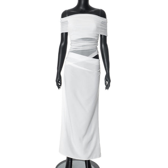 EB | Ein-Wort-Kragen-Plissee-Kleid aus Mesh mit diagonaler Spanne