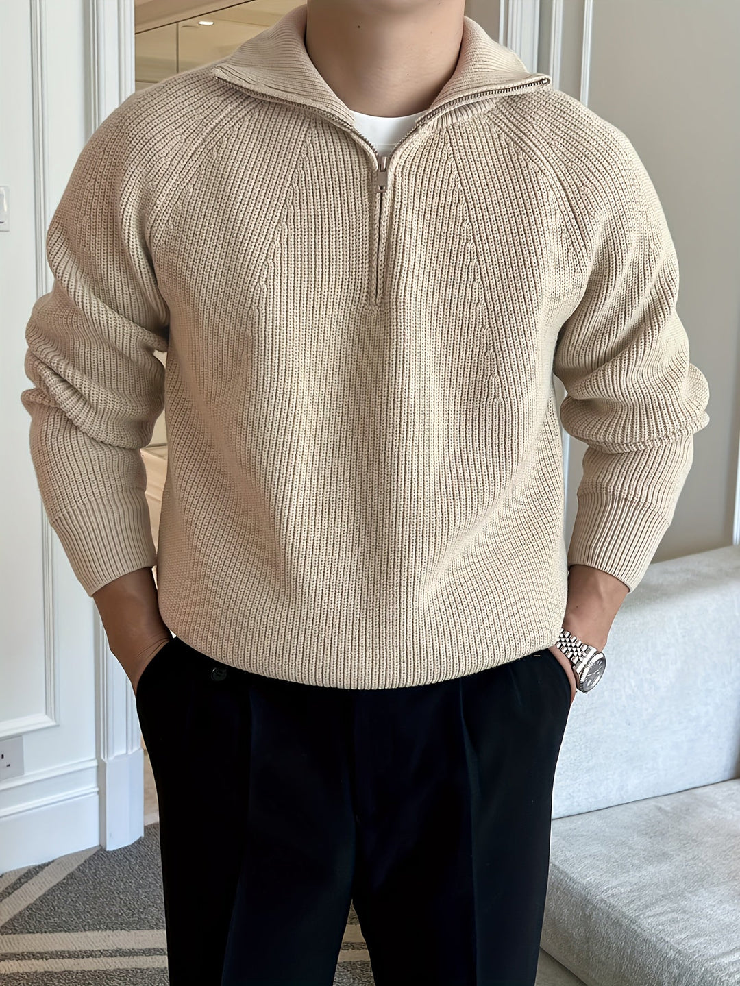 EB | Rippstrickpullover mit Hohem Kragen und Reißverschluss Baumwolle Elegant und Bequem