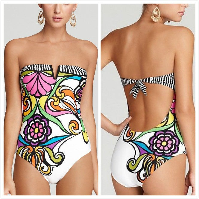 Damen Bandeau Badeanzug mit verschlussfreier Vorderseite und buntem Floral-Muster EB