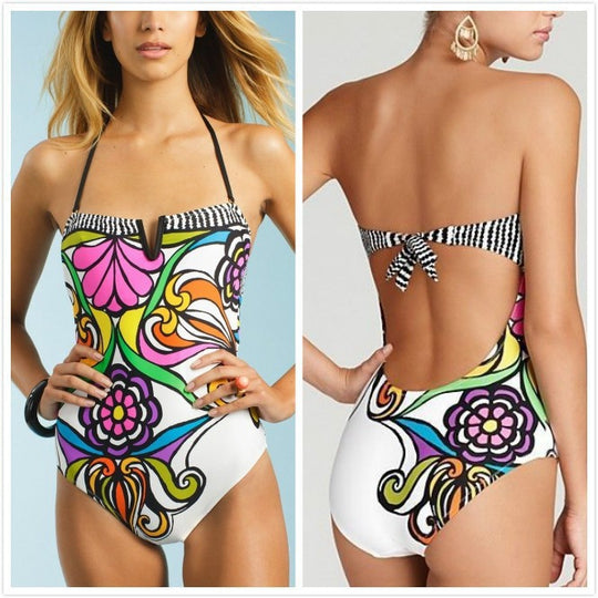 Damen Bandeau Badeanzug mit verschlussfreier Vorderseite und buntem Floral-Muster EB