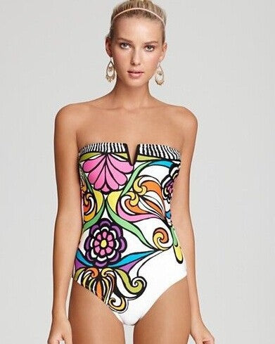 Damen Bandeau Badeanzug mit verschlussfreier Vorderseite und buntem Floral-Muster EB