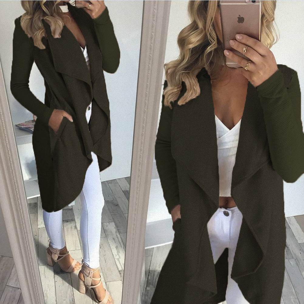 Damen langer Cardigan mit trendiger Drapierung und praktischen Taschen EB