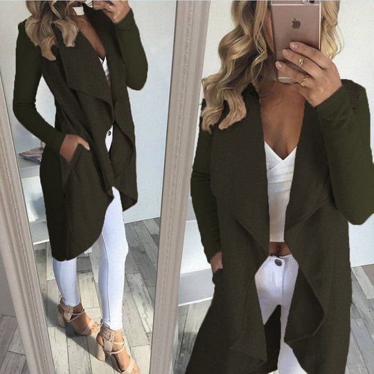Damen langer Cardigan mit trendiger Drapierung und praktischen Taschen EB