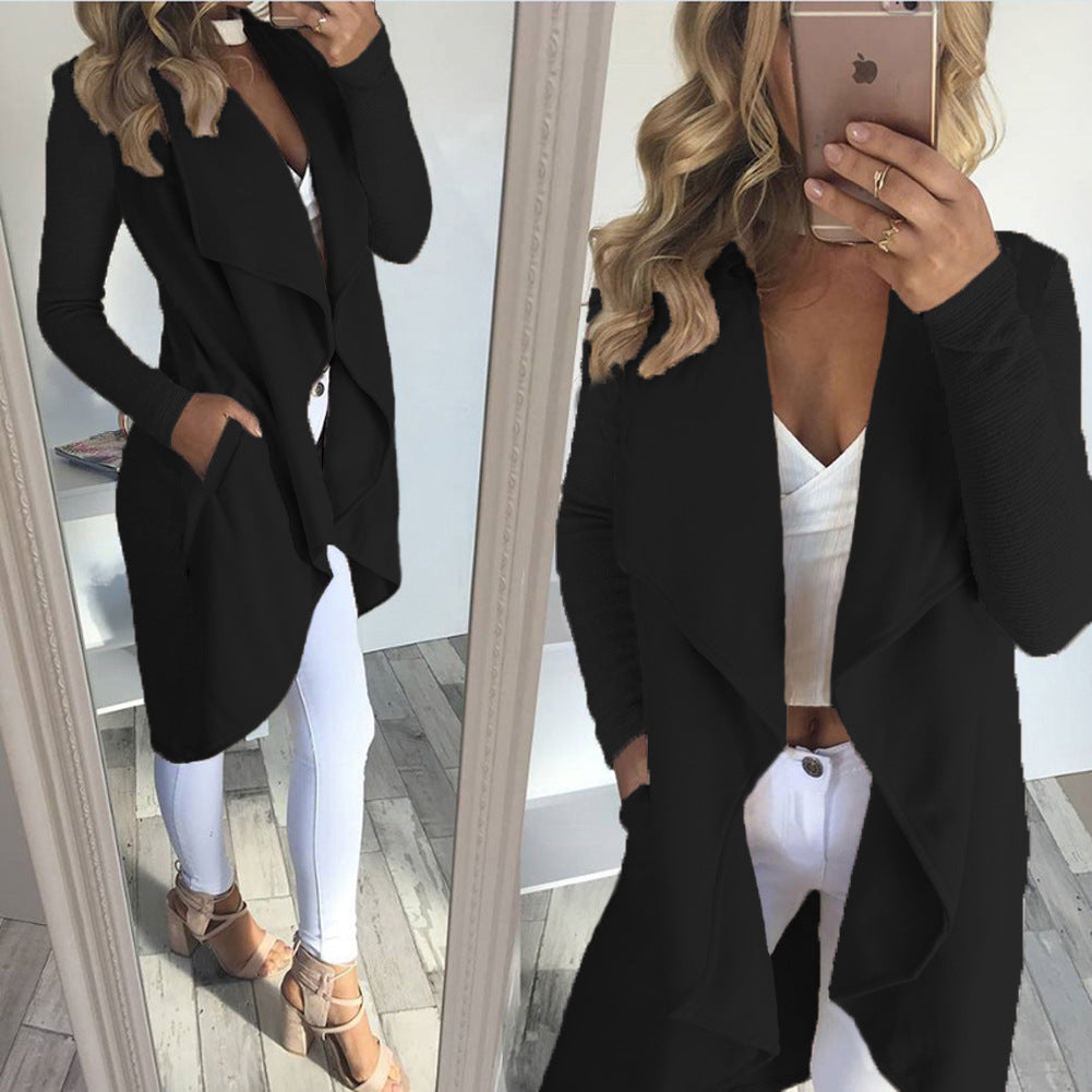 Damen langer Cardigan mit trendiger Drapierung und praktischen Taschen EB