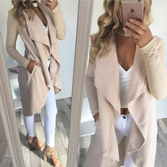 Damen langer Cardigan mit trendiger Drapierung und praktischen Taschen EB