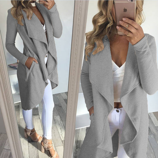 Damen langer Cardigan mit trendiger Drapierung und praktischen Taschen EB