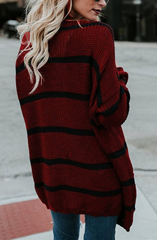 Damen lässiger Strickcardigan mit breitem Streifenmuster und offenen Ärmeln EB