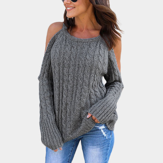 Damen Strickpullover mit offenen Schultern und strukturiertem Zopfmuster EB