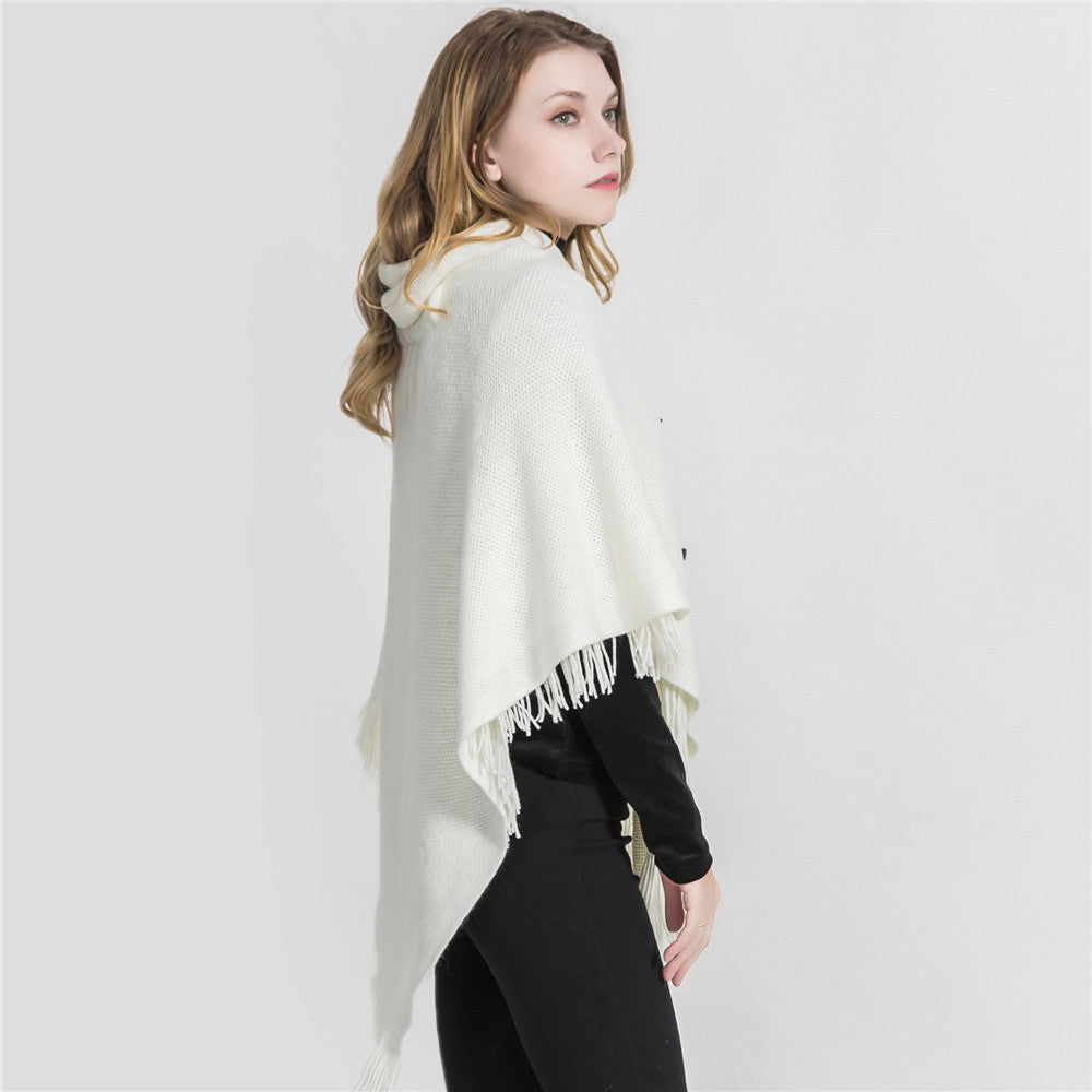 Damen Kapuzen-Poncho aus Feinstrick mit Hahnentritt-Jacquard und Fransensaum EB