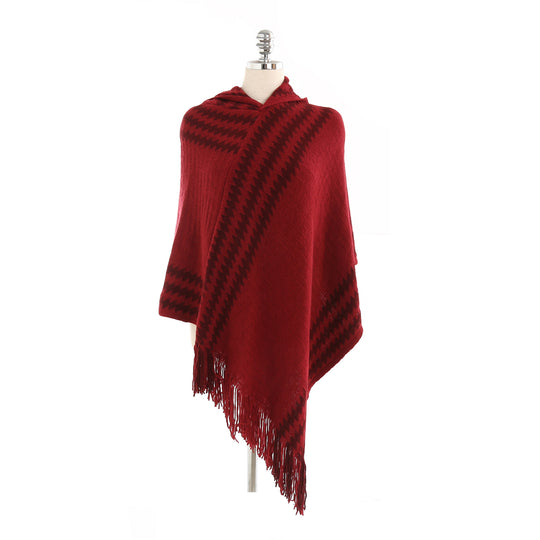 Damen Kapuzen-Poncho aus Feinstrick mit Hahnentritt-Jacquard und Fransensaum EB