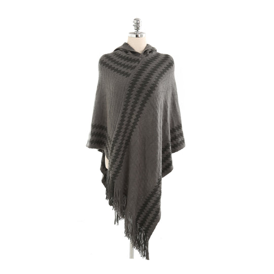 Damen Kapuzen-Poncho aus Feinstrick mit Hahnentritt-Jacquard und Fransensaum EB
