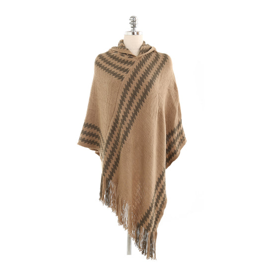 Damen Kapuzen-Poncho aus Feinstrick mit Hahnentritt-Jacquard und Fransensaum EB