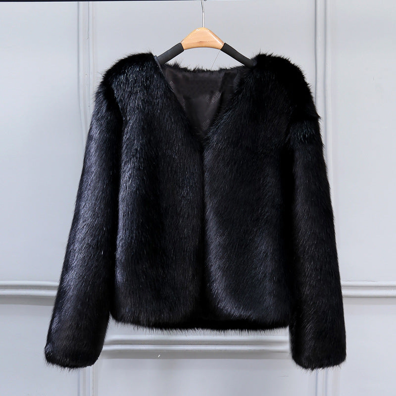 Damen Elegante Kunstfelljacke mit V-Ausschnitt und weichem Innenfutter EB