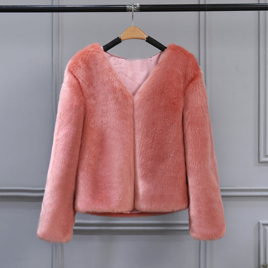 Damen Elegante Kunstfelljacke mit V-Ausschnitt und weichem Innenfutter EB