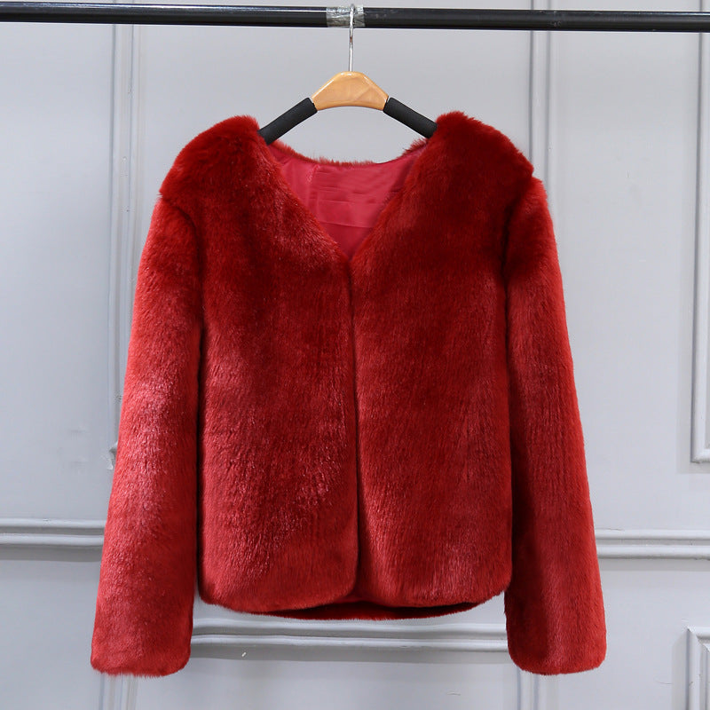 Damen Elegante Kunstfelljacke mit V-Ausschnitt und weichem Innenfutter EB