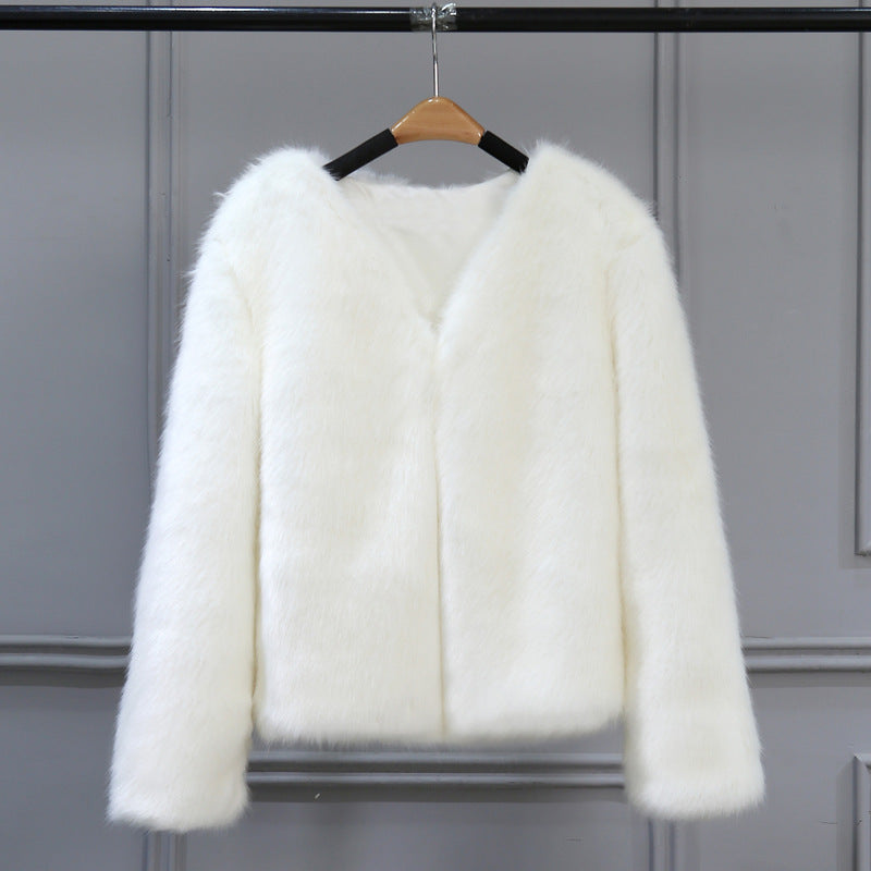 Damen Elegante Kunstfelljacke mit V-Ausschnitt und weichem Innenfutter EB