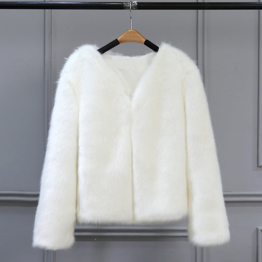 Damen Elegante Kunstfelljacke mit V-Ausschnitt und weichem Innenfutter EB