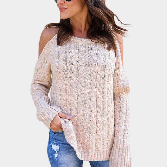 Damen Strickpullover mit offenen Schultern und strukturiertem Zopfmuster EB