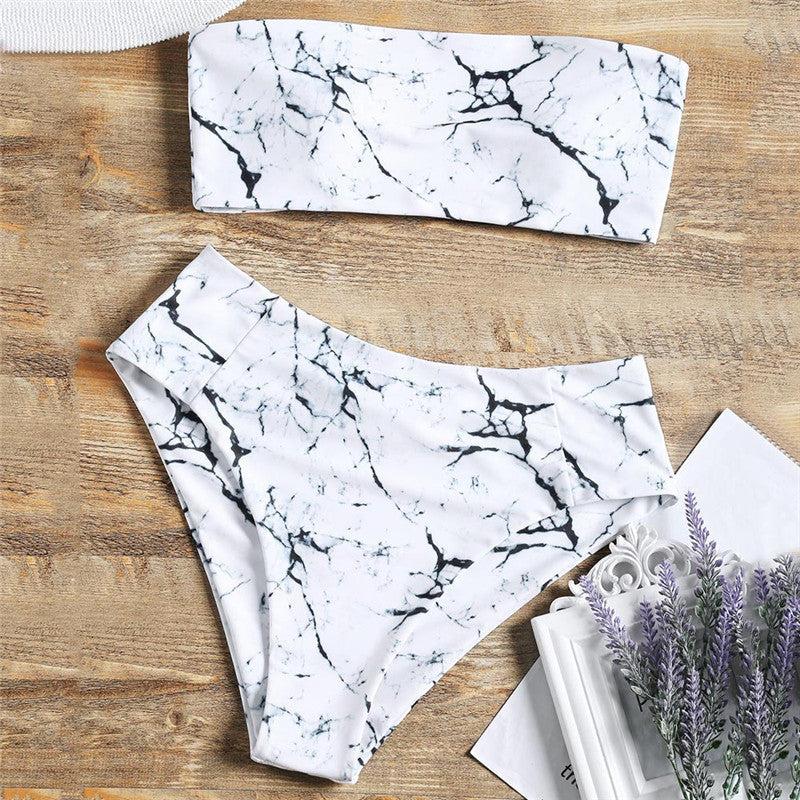 Damen Bandeau-Bikini mit elegantem Marmormuster EB