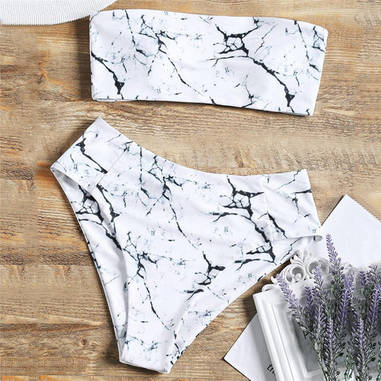 Damen Bandeau-Bikini mit elegantem Marmormuster EB