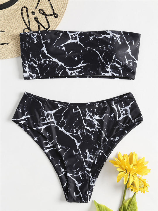 Damen Bandeau-Bikini mit elegantem Marmormuster EB