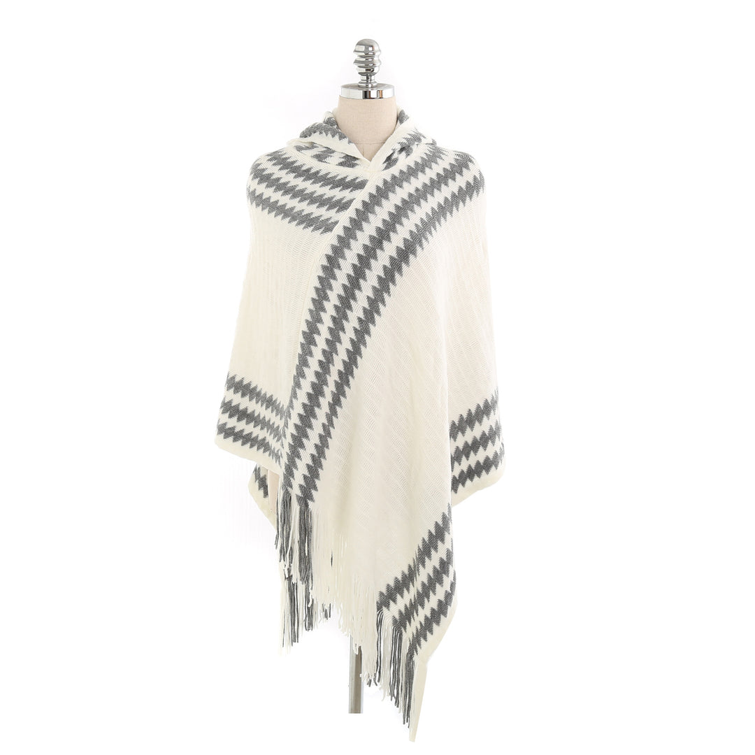 Damen Kapuzen-Poncho aus Feinstrick mit Hahnentritt-Jacquard und Fransensaum EB