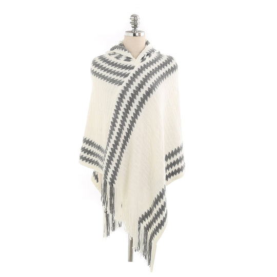 Damen Kapuzen-Poncho aus Feinstrick mit Hahnentritt-Jacquard und Fransensaum EB