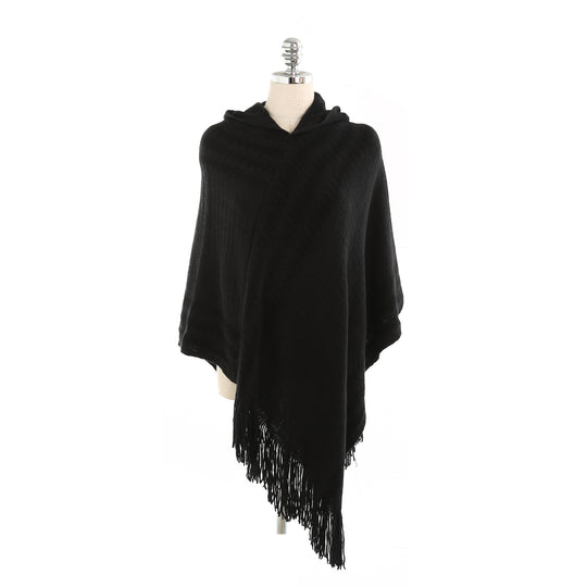 Damen Kapuzen-Poncho aus Feinstrick mit Hahnentritt-Jacquard und Fransensaum EB