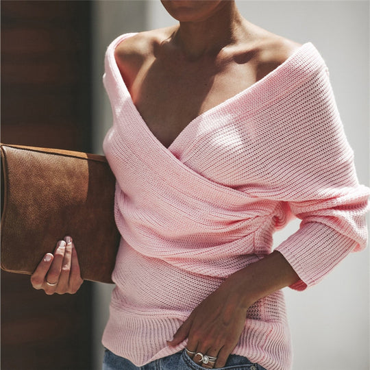 Damen Off-Shoulder Strickpullover mit Wickeldesign und lockerer Passform EB