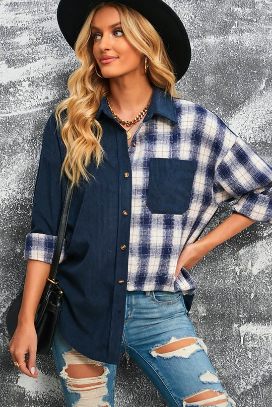 EB | Karierte Farbblock Gefallen Schulter Corduroy Shacket