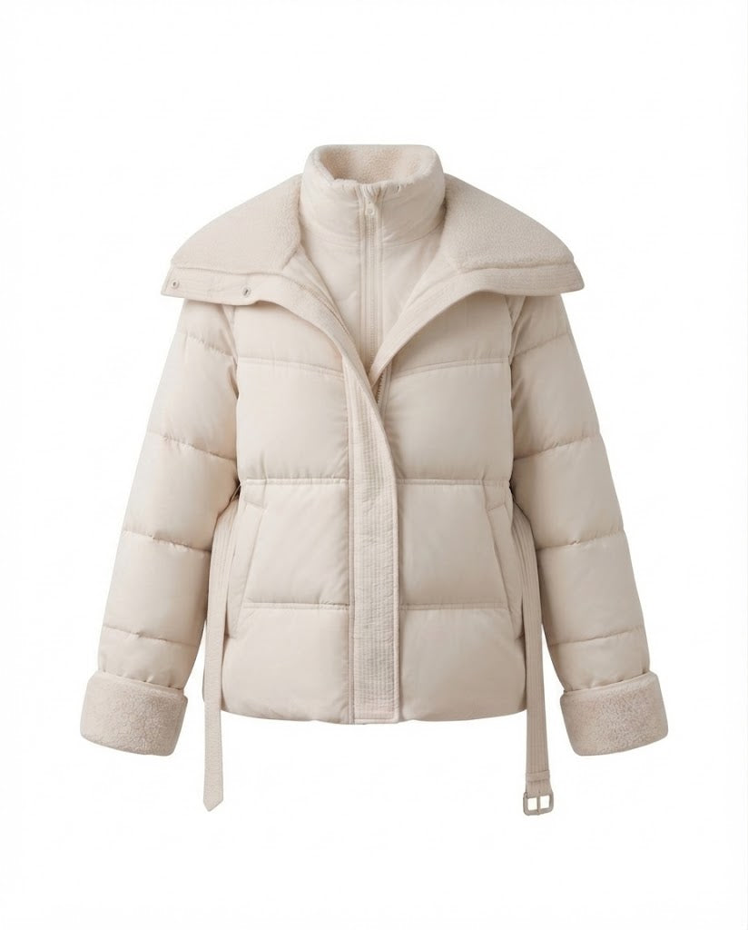 Damen nan kurzer wattierter Steppparka mit voluminösem Teddykragen, taillierendem Gürtel und verdeckter Reißverschluss EB