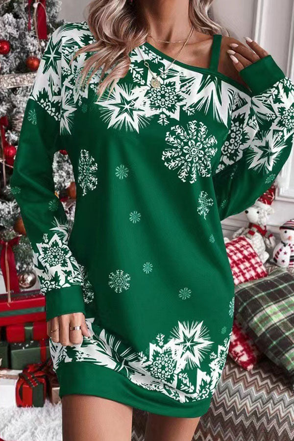 EB | Weihnachts-Schneeflocke Kalt-Schulter Lockeres Sweatshirt Mini Kleid