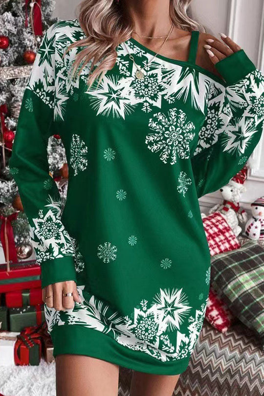 EB | Weihnachts-Schneeflocke Kalt-Schulter Lockeres Sweatshirt Mini Kleid