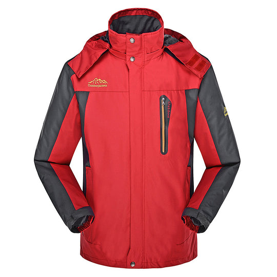 Herren dreilagige Hardshell-Outdoorjacke mit abnehmbarer Kapuze, verschweißten Nähten und Brust-Reißverschlusstasche EB