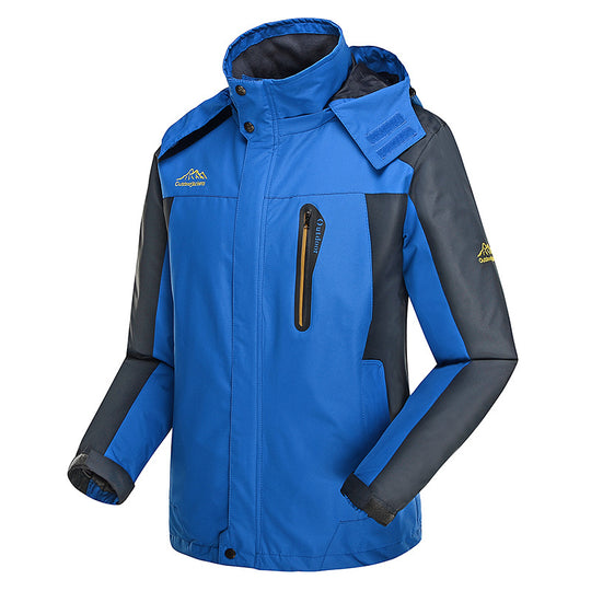Herren dreilagige Hardshell-Outdoorjacke mit abnehmbarer Kapuze, verschweißten Nähten und Brust-Reißverschlusstasche EB