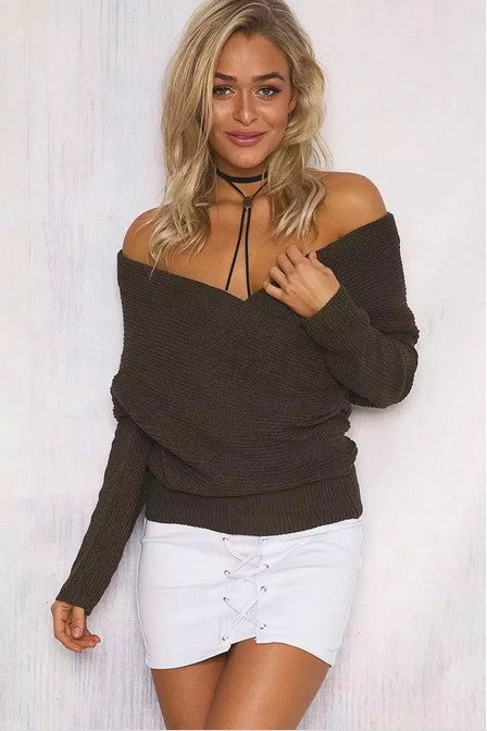 Damen Wickelstrickkleid mit tiefem V-Ausschnitt und lässigem Schnitt EB