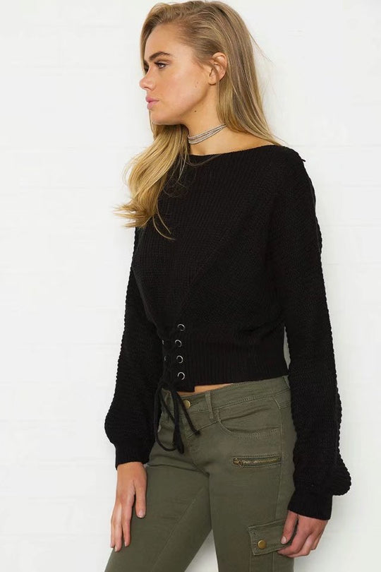 Damen lockerer Strickpullover mit ausgefallenem Rückendetail EB