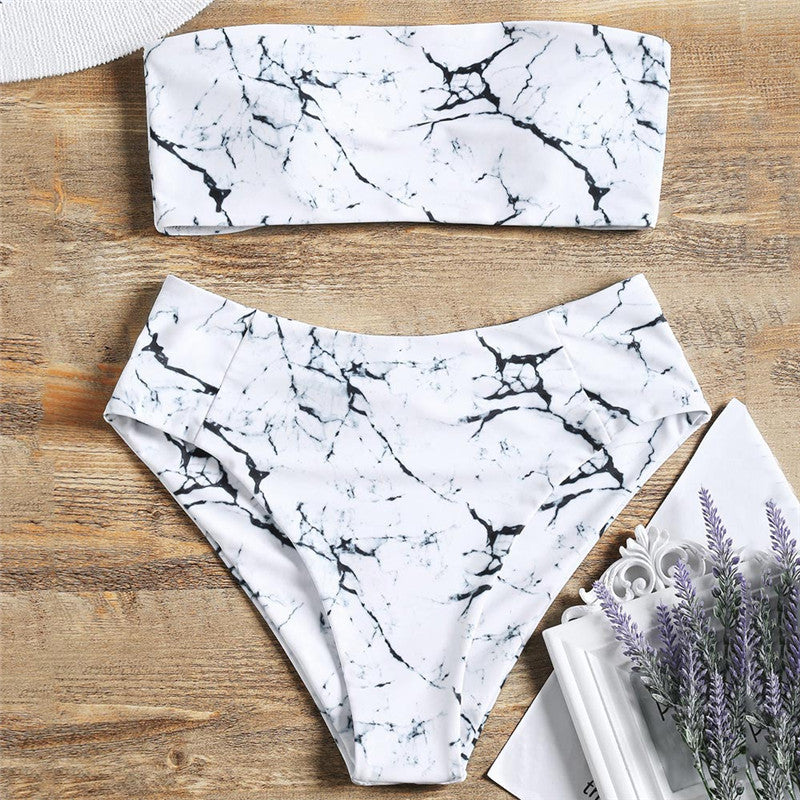 Damen Bandeau-Bikini mit elegantem Marmormuster EB