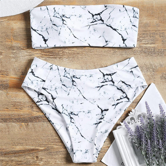 Damen Bandeau-Bikini mit elegantem Marmormuster EB