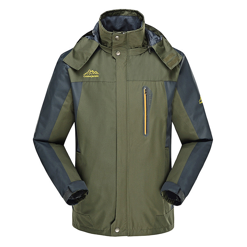 Herren dreilagige Hardshell-Outdoorjacke mit abnehmbarer Kapuze, verschweißten Nähten und Brust-Reißverschlusstasche EB