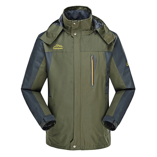 Herren dreilagige Hardshell-Outdoorjacke mit abnehmbarer Kapuze, verschweißten Nähten und Brust-Reißverschlusstasche EB