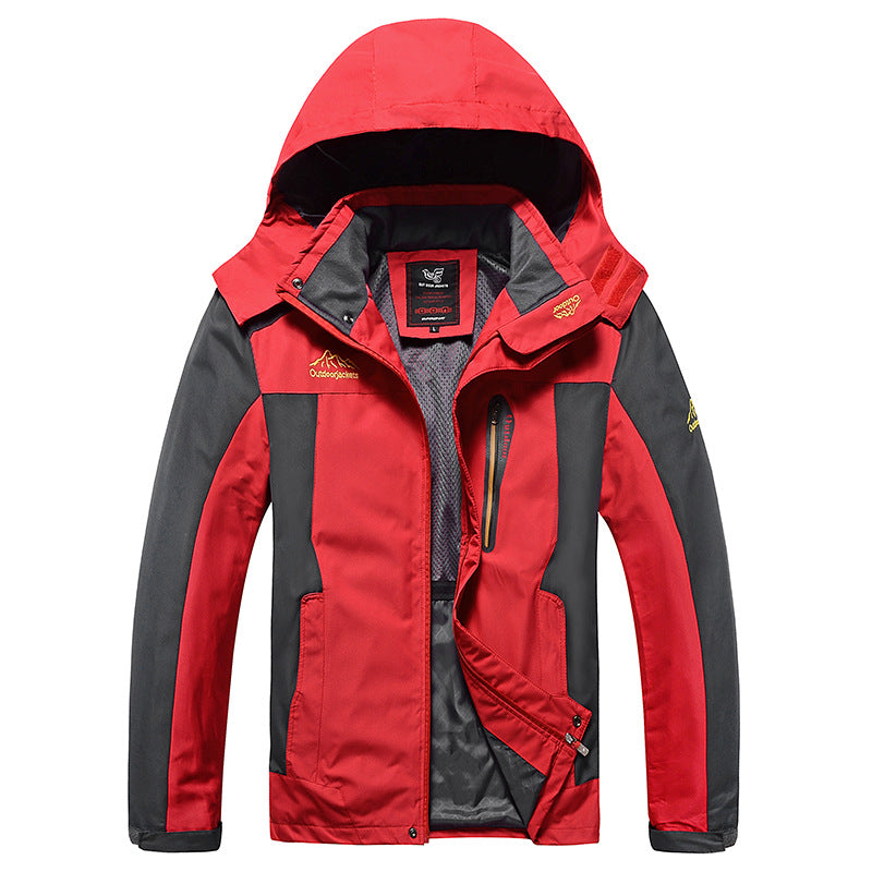 Herren dreilagige Hardshell-Outdoorjacke mit abnehmbarer Kapuze, verschweißten Nähten und Brust-Reißverschlusstasche EB