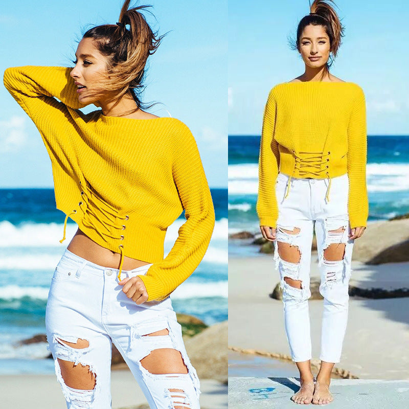 Damen lässiger Strickpullover mit extravaganten Schnürdetails EB