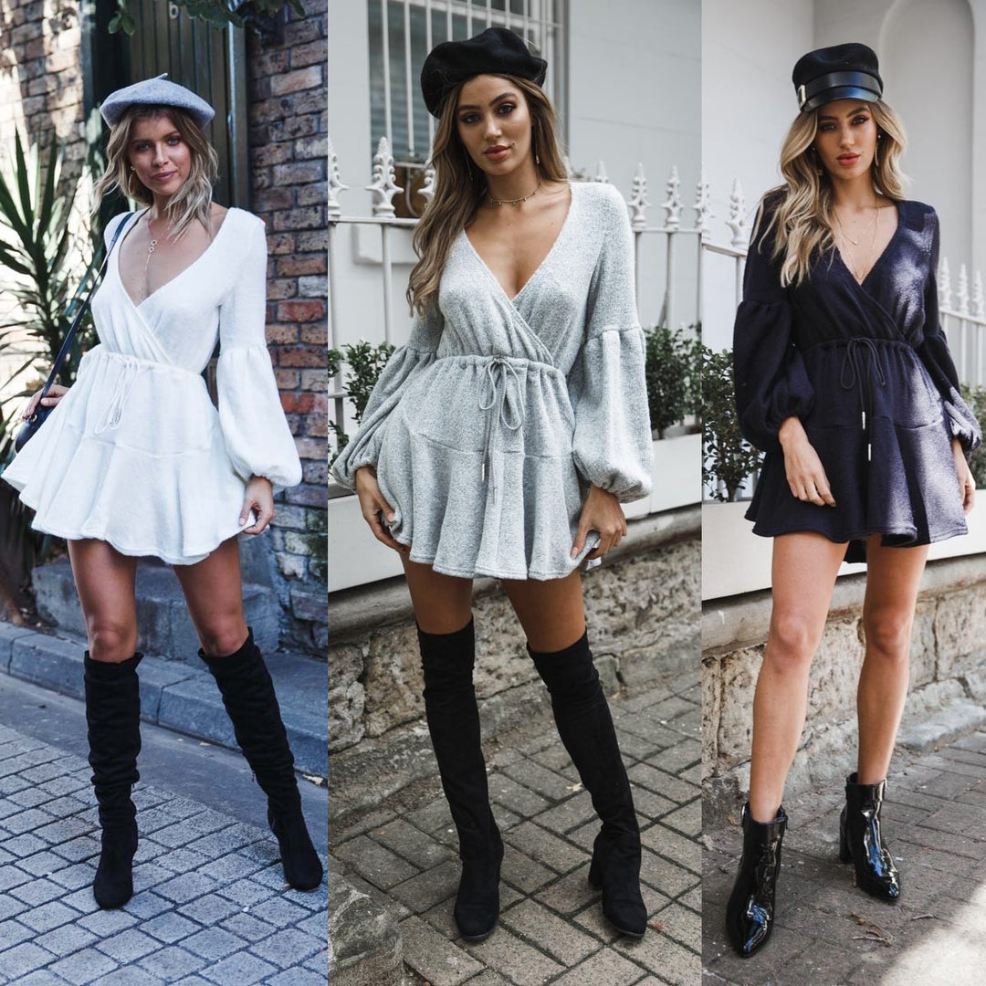 Damen Wickelkleid mit voluminösen Ärmeln und eleganter Taillierung EB