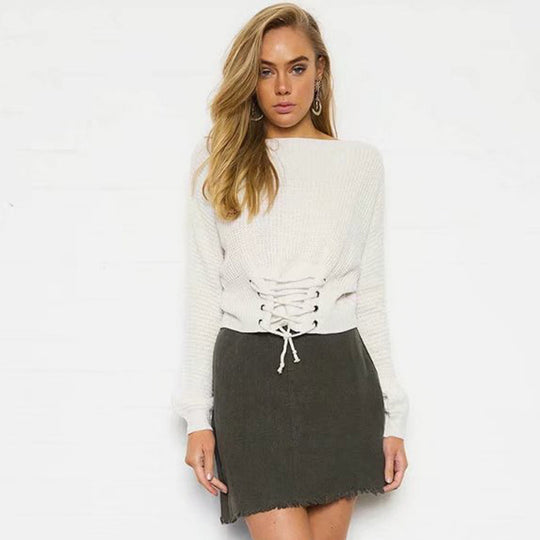 Damen Strickpullover mit raffinierter Schnürung und modischem Off-Shoulder-Ausschnitt EB
