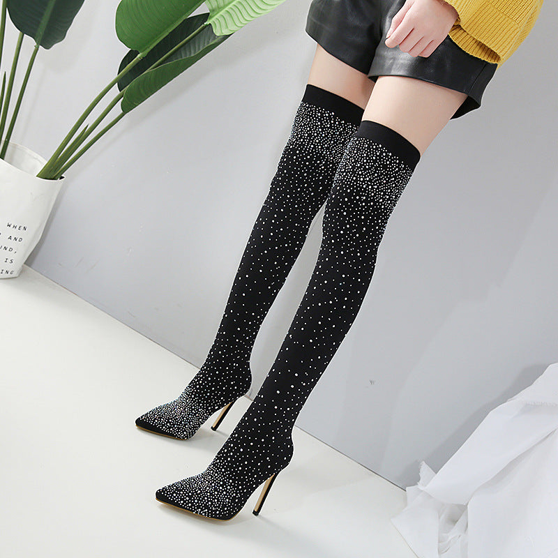 EB | Strass Hohe Stiefel mit Absatz Bis Zum Oberschenkel