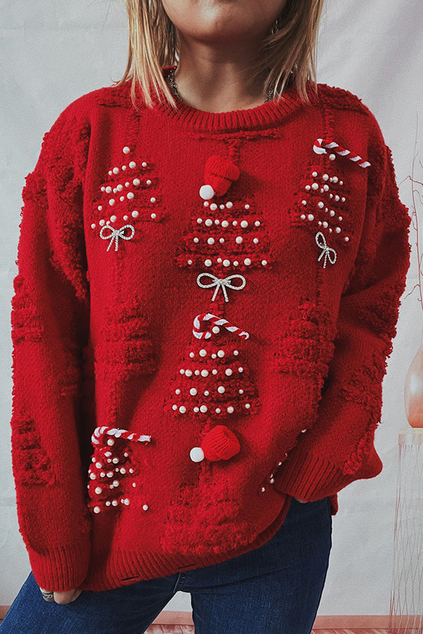 EB | Handgemachter Perlen-Weihnachtsthema-Pullover dreidimensionaler dekorativer Pullover
